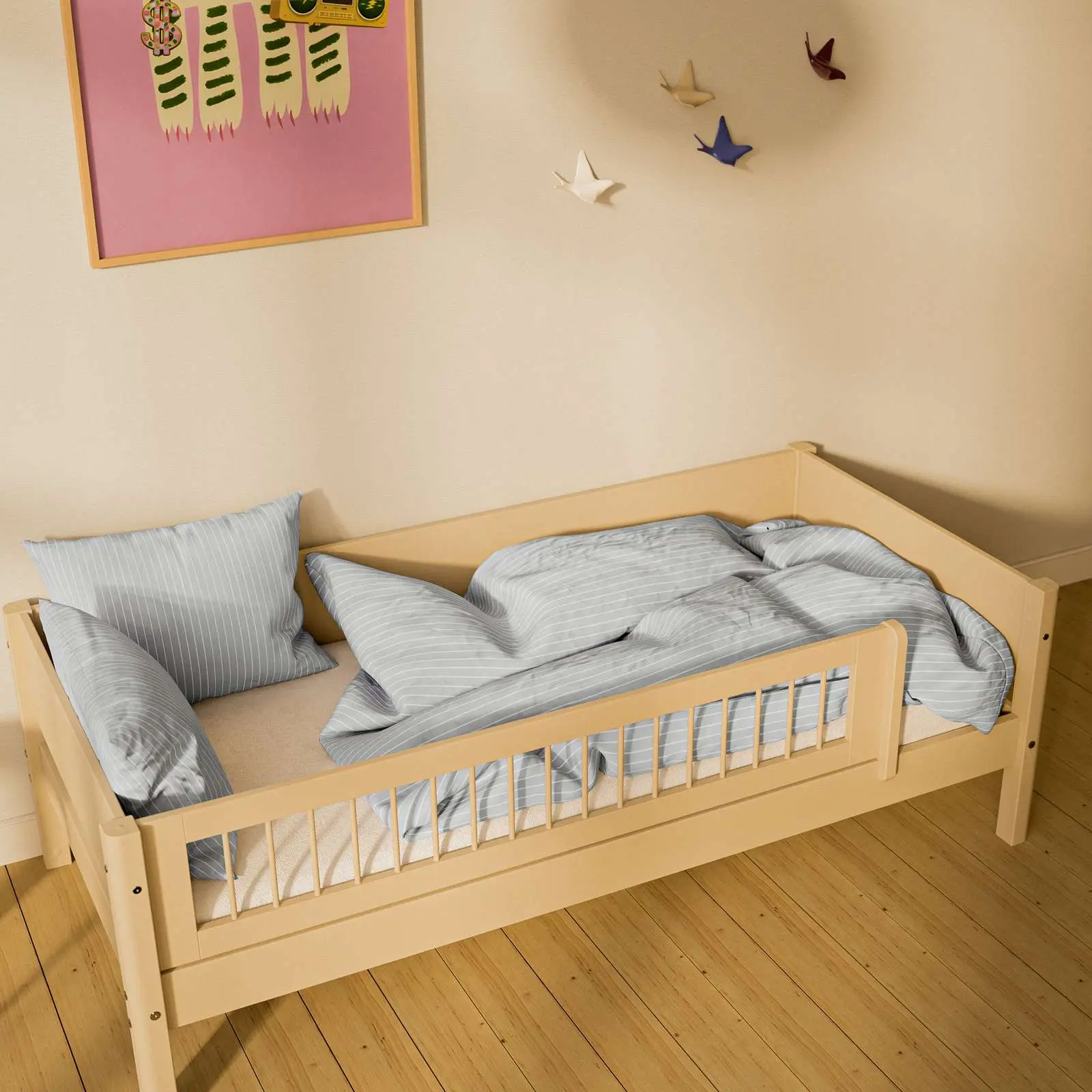 Single Bed with Safety Rail, 90x200 cm, Sand - Image 2