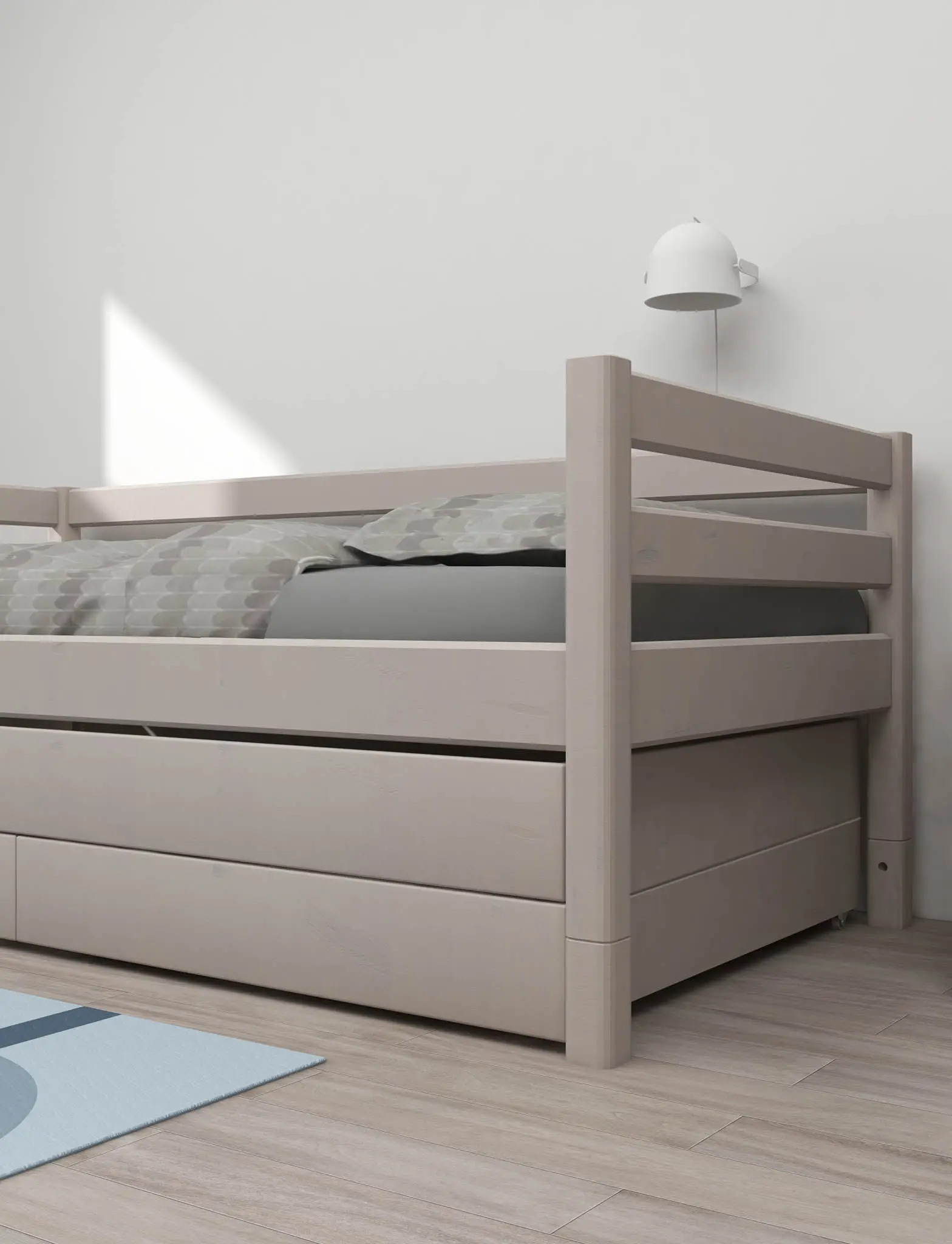 Single Bed with Pull-out Bed, Storage and Safety Rail, 90x200 cm, Grey - Image 5