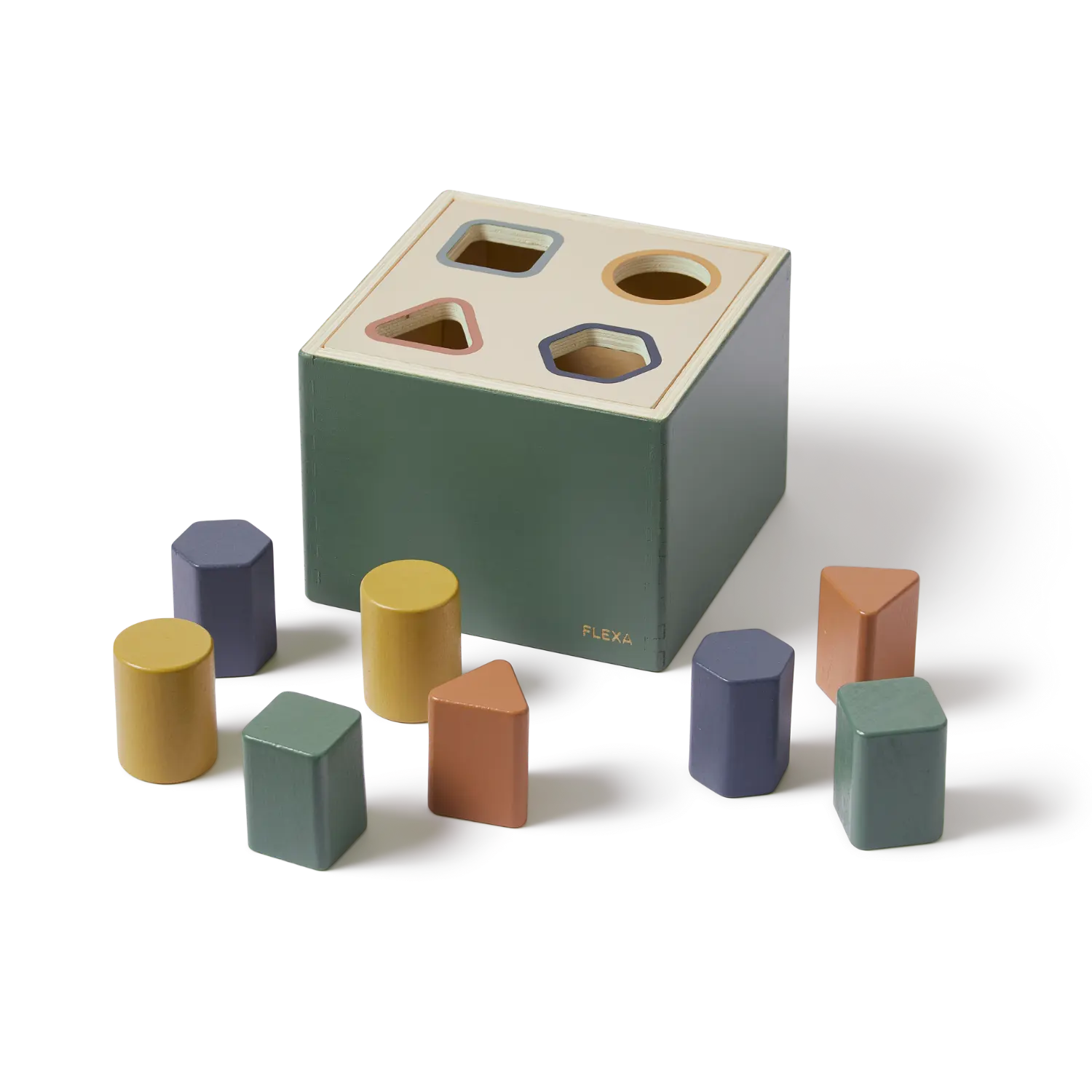 Wooden Shape Sorting box, 10 pcs, Handpainted, Green